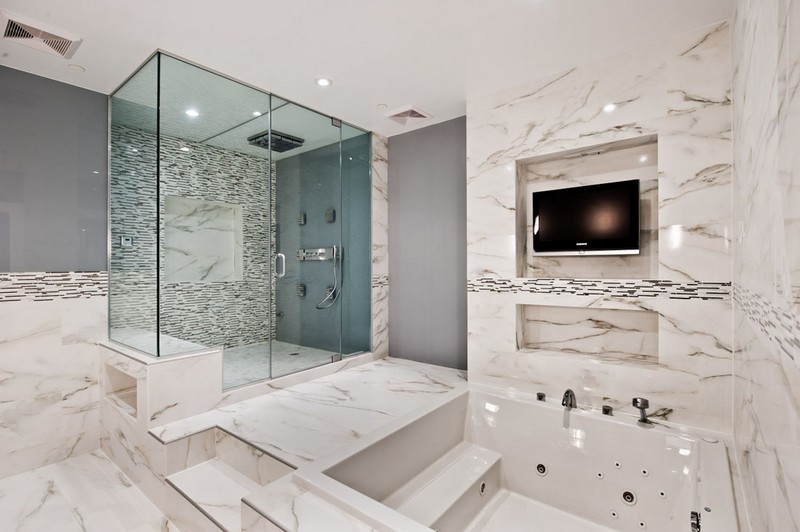 carrelage-sol-marbre-salle-bains-blanche-niche-murale-cabine-douche-bain à remous